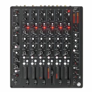 PLAYdifferently Model 1 professional DJ mixer with six channels and analog circuitry, available for rent at FX Rentals.