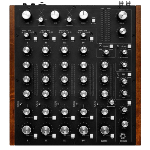 Rane MP2015 rotary DJ mixer with four channels and submix capability, available for rent at FX Rentals.